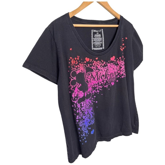 Disney Mickey Mouse Glitter Rainbow Hearts Organic Cotton Tee Shirt Black XXL - Picture 3 of 8